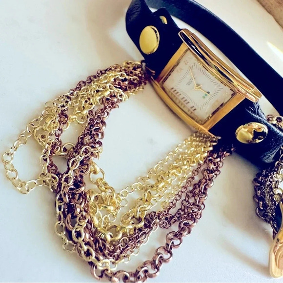 La Mer Sunset Gold Multi Chain Leather Wrap Watch - Picture 3 of 8